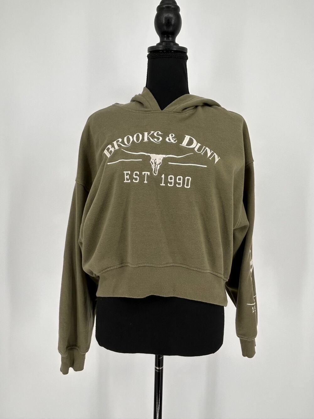 Brooks & Dunn Cropped Hoodie Womens XS Olive Embroidered Longhorn Country Merch